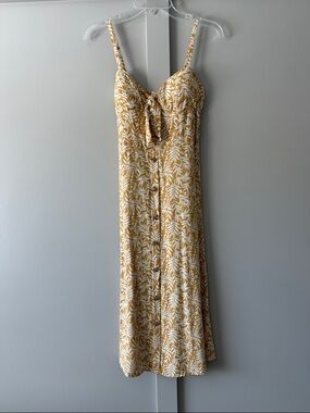 AUW Yellow Leaf-Print Midi Dress with Front Tie